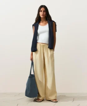 100 % Leinen-Hose mit geradem Bein und Streifenmuster