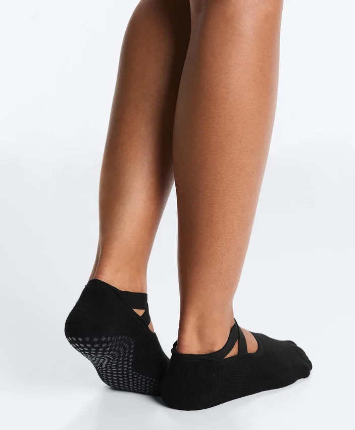 2 Paar gepolsterte Yoga- und Pilates-Socken aus Baumwollmischung mit gekreuzten Bändern 2 Paar gepolsterte Yoga- und Pilates-Socken aus Baumwollmischung mit gekreuzten Bändern