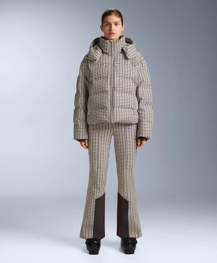 Wasserabweisende, bedruckte, hoch geschnittene Stretch-Skihose mit ausgestelltem Bein Wasserabweisende, bedruckte, hoch geschnittene Stretch-Skihose mit ausgestelltem Bein