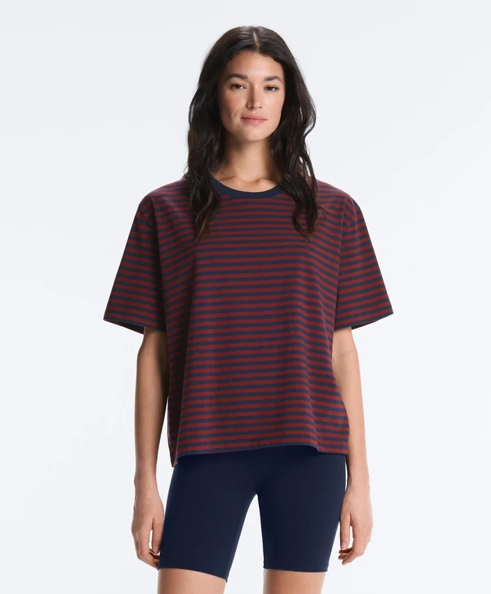 Boxy T-Shirt aus Baumwollmischung mit kurzen Ärmeln und Streifenmuster Boxy T-Shirt aus Baumwollmischung mit kurzen Ärmeln und Streifenmuster