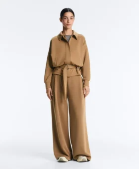 Hoch taillierte Twill-Hose mit weitem Bein und Falten
