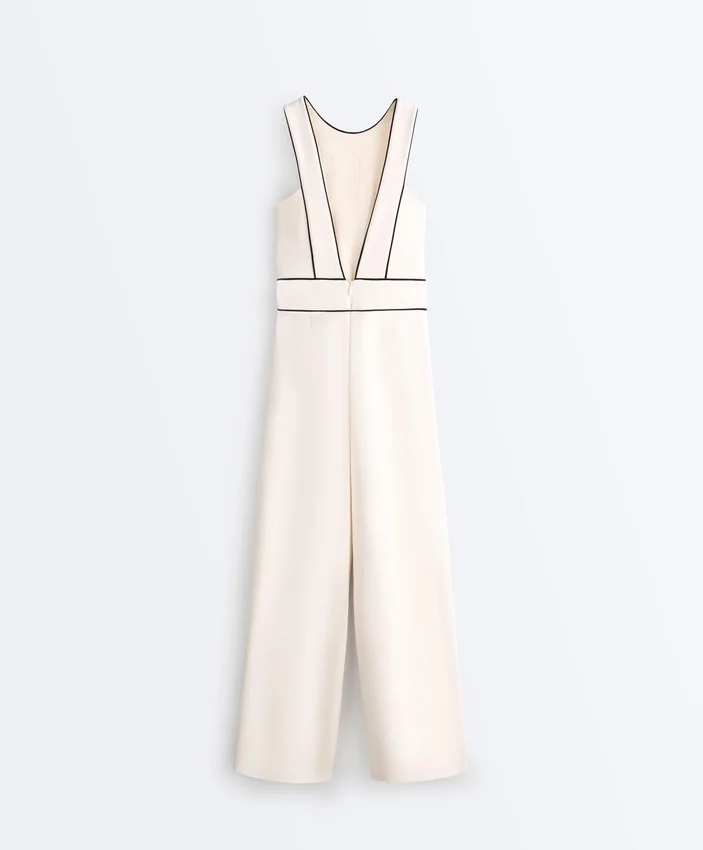 Langer Piqué-Jumpsuit mit Paspelierung aus Baumwolle Langer Piqué-Jumpsuit mit Paspelierung aus Baumwolle