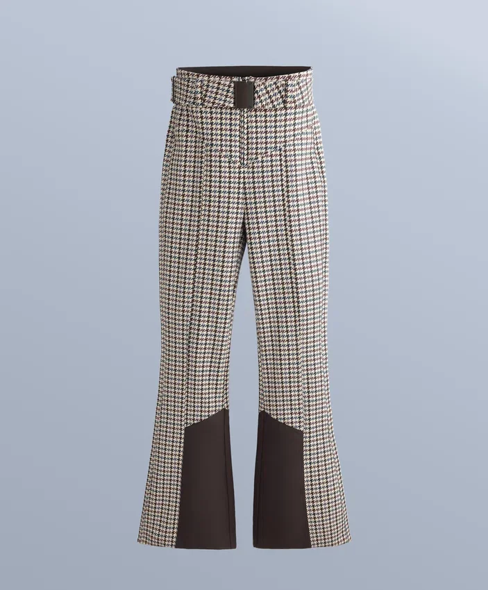 Wasserabweisende, bedruckte, hoch geschnittene Stretch-Skihose mit ausgestelltem Bein Wasserabweisende, bedruckte, hoch geschnittene Stretch-Skihose mit ausgestelltem Bein
